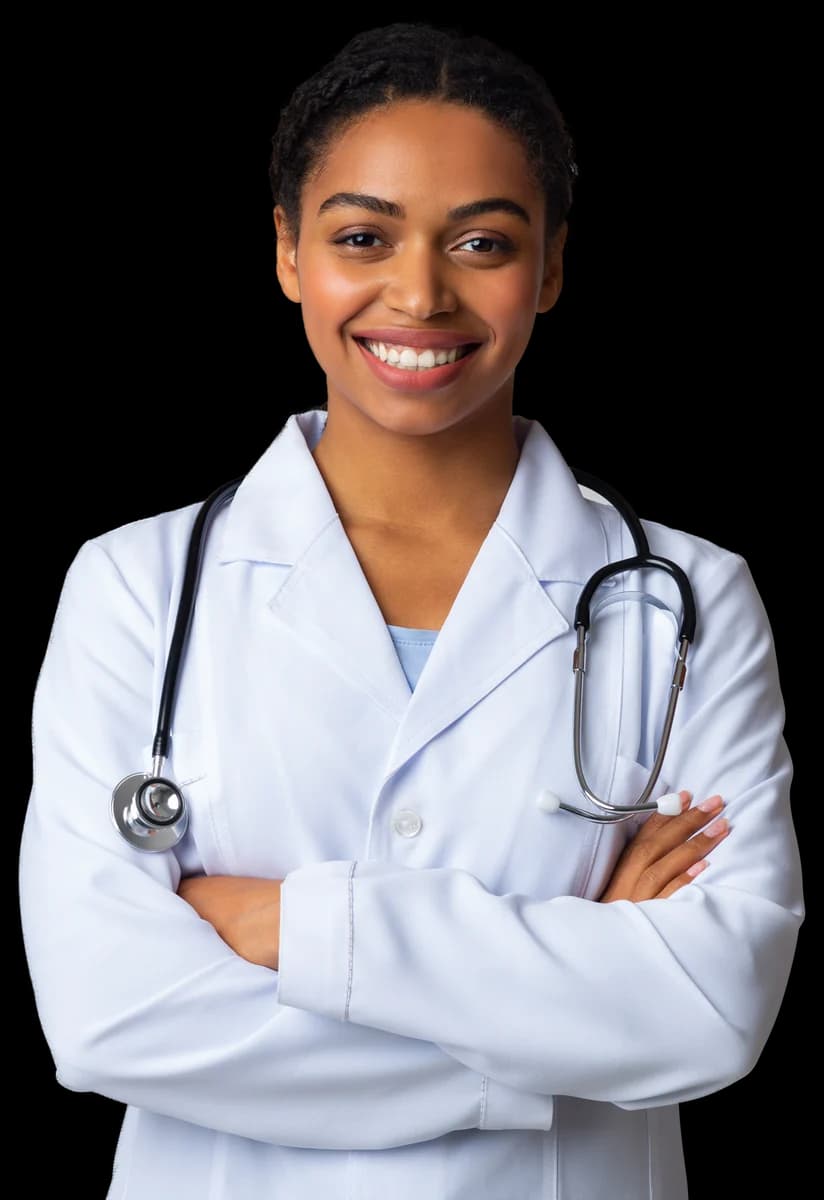 A clinician in a white coat with a stethoscope